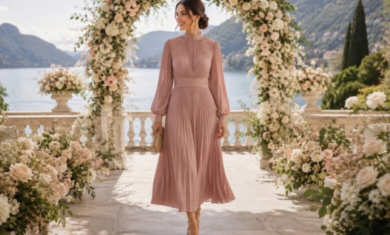 Modest wedding guest dress with long sleeves under a romantic floral wedding arch by the lake