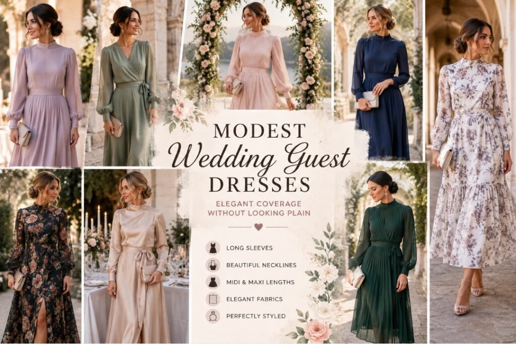 Modest wedding guest dresses collage banner with women wearing long sleeve, high neck, floral, navy, sage, and blush dresses