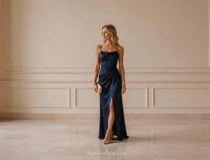 Navy blue wedding guest dress styled with polished accessories for an elegant formal celebration