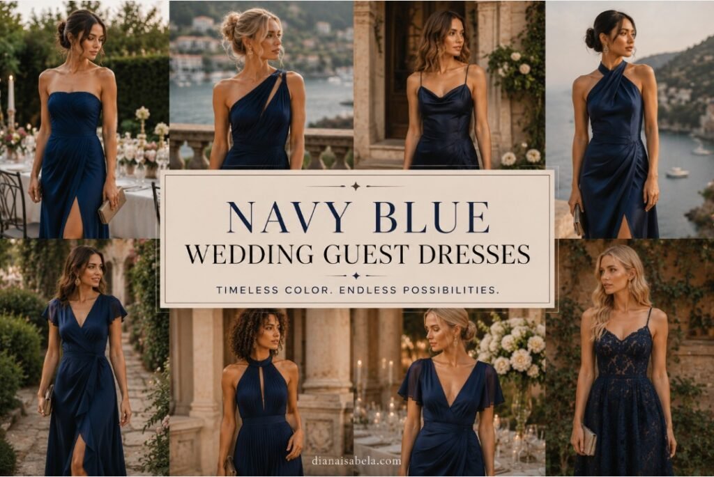Navy blue wedding guest dresses styled with elegant silhouettes, polished accessories, and romantic wedding settings