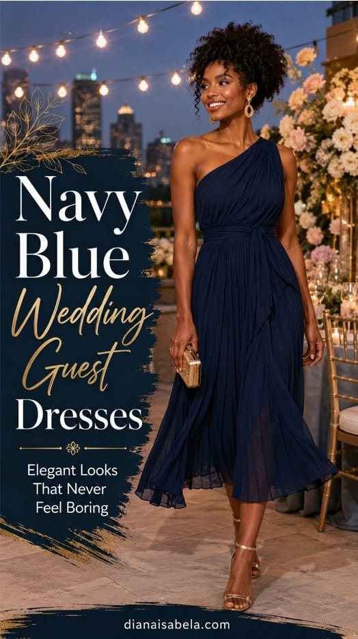 Navy blue wedding guest dress styled with gold accessories for an elegant evening celebration
