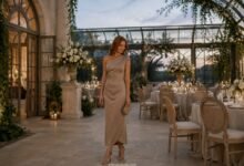 Neutral wedding guest dress styled in taupe with polished accessories for an elegant conservatory wedding reception