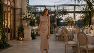 Neutral wedding guest dress styled in taupe with polished accessories for an elegant conservatory wedding reception