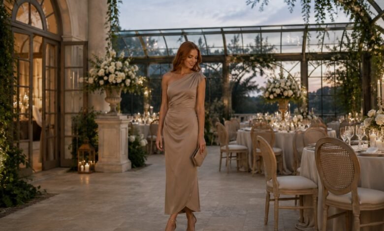 Neutral wedding guest dress styled in taupe with polished accessories for an elegant conservatory wedding reception