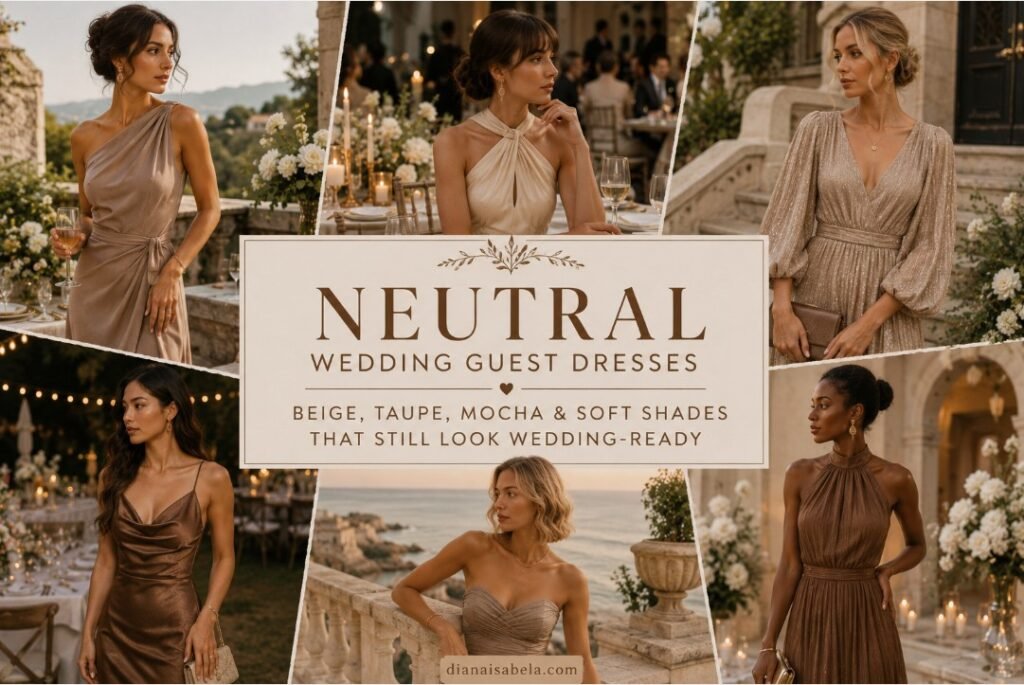 Neutral wedding guest dresses styled in beige, taupe, mocha, and soft brown tones for elegant wedding celebrations