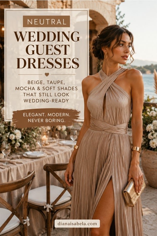 Neutral wedding guest dresses styled in beige, taupe, and mocha tones with polished accessories for elegant wedding looks