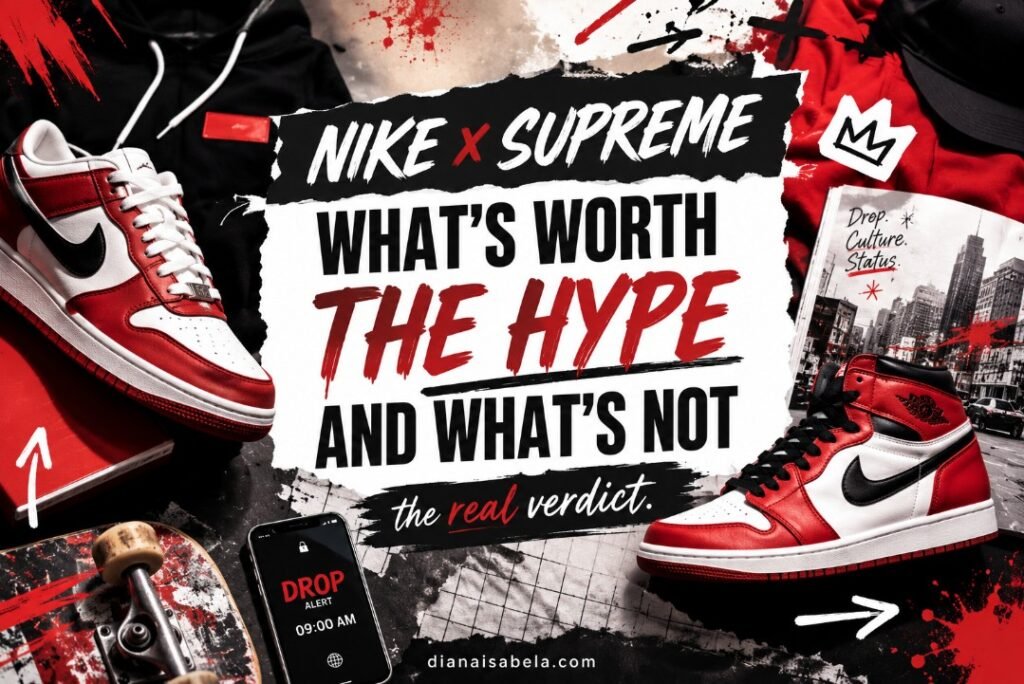 Nike x Supreme: What’s Worth the Hype and What’s Not 2 Nike x Supreme editorial banner with red sneakers, streetwear graphics, drop alert phone, skateboard, bold hype text, and collab culture details