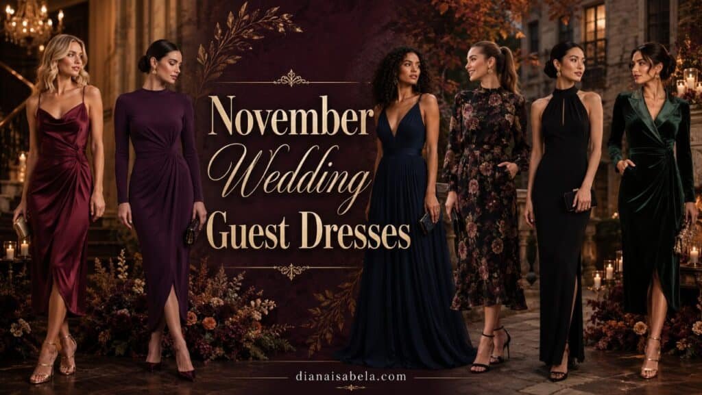 November Wedding Guest Dresses: Elegant Late-Fall Looks for Cold Air and Candlelit Rooms 2 November wedding guest dresses collage banner with different women in cranberry, aubergine, midnight blue, dark floral, black, and emerald late fall dresses