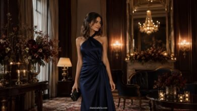 November wedding guest dress in midnight blue satin at a luxury candlelit hotel reception