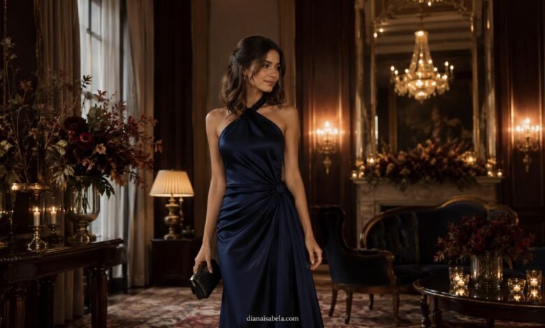 November wedding guest dress in midnight blue satin at a luxury candlelit hotel reception