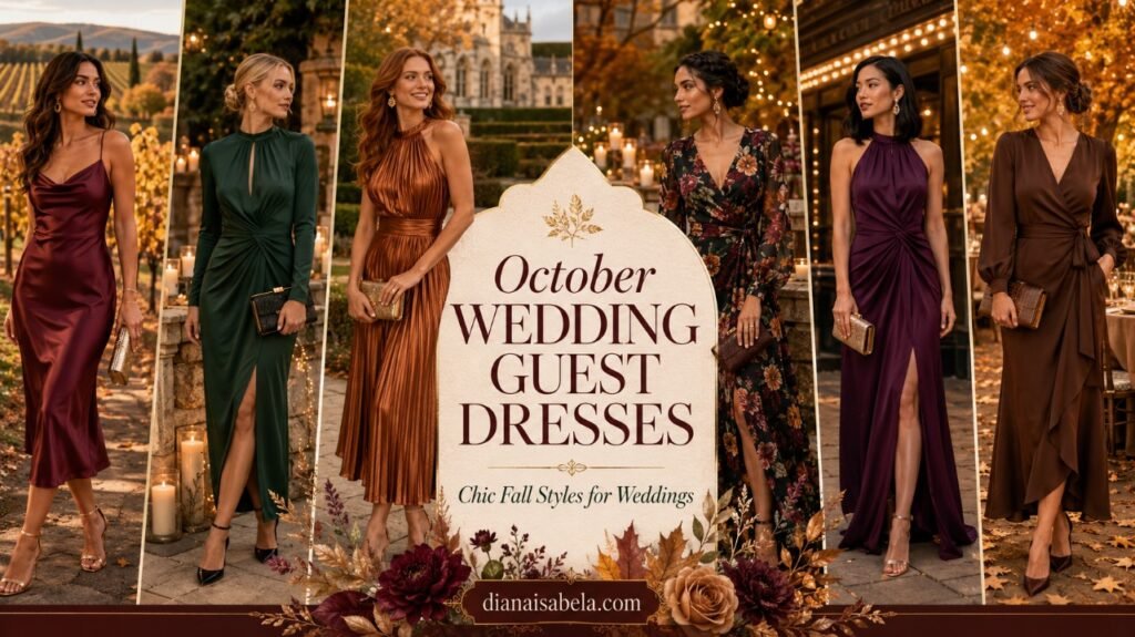 October Wedding Guest Dresses: Chic Fall Looks for Crisp Air, Candlelight, and Golden Leaves 2 October wedding guest dresses collage banner with different women in burgundy, forest green, copper, dark floral, plum, and chocolate fall dresses
