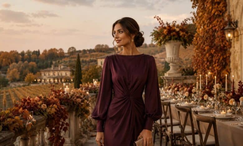 October wedding guest dress in plum with long sleeves at an autumn vineyard terrace wedding