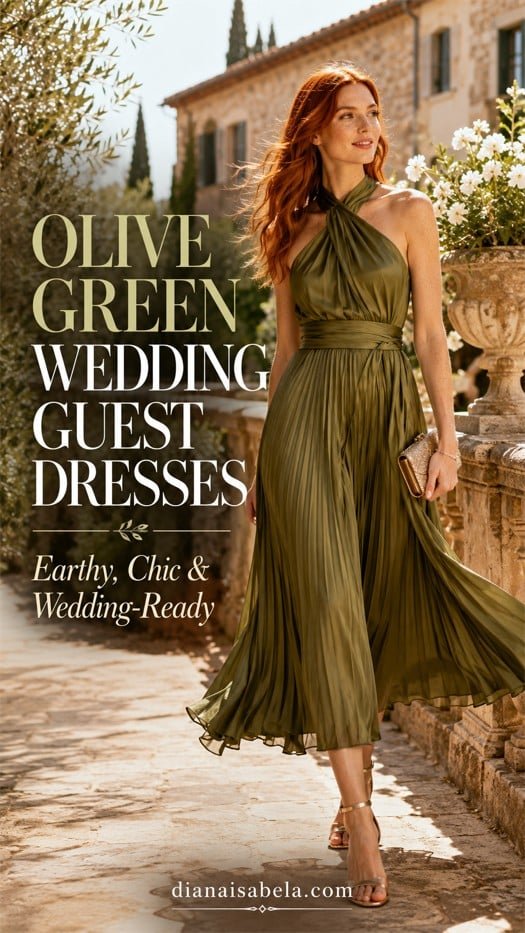 Olive green wedding guest dress styled with warm accessories, flowing fabric, and earthy outdoor elegance