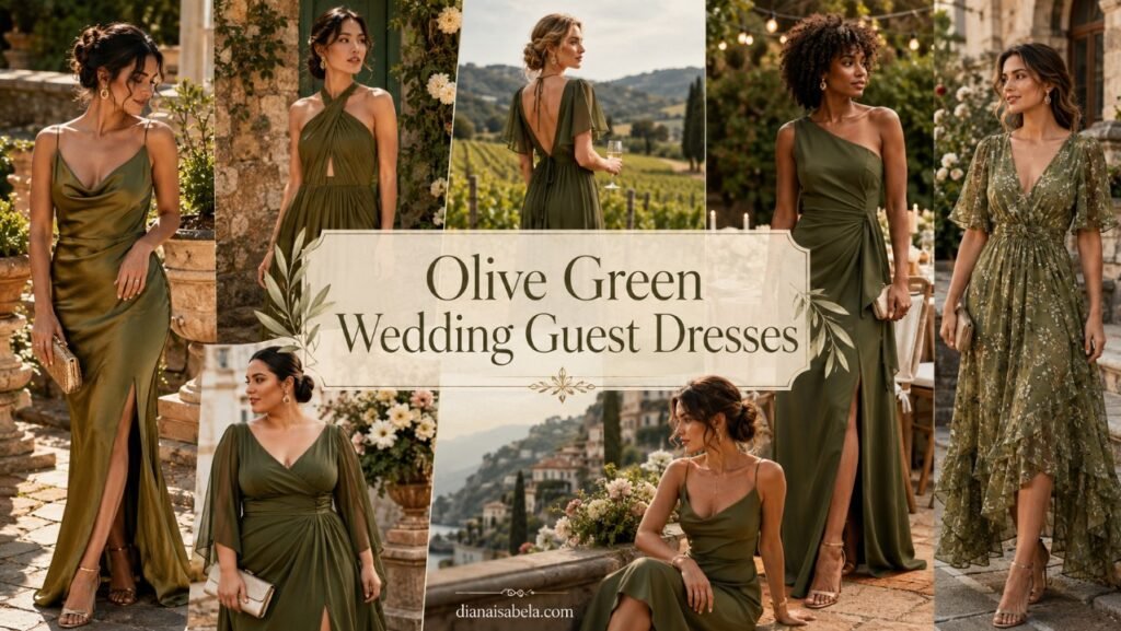 Olive green wedding guest dresses styled with earthy colors, warm accessories, and elegant outdoor wedding details