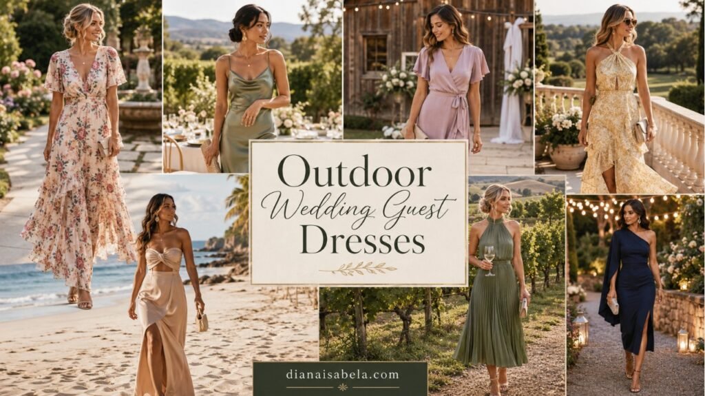 Outdoor Wedding Guest Dresses: What to Wear When the Venue Is Beautiful but Complicated 2 Outdoor wedding guest dresses collage with different women wearing elegant outfits for garden, beach, barn, vineyard, and evening outdoor weddings