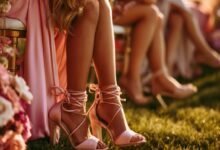 Pink strappy heels styled with a soft wedding guest dress for an outdoor grass ceremony