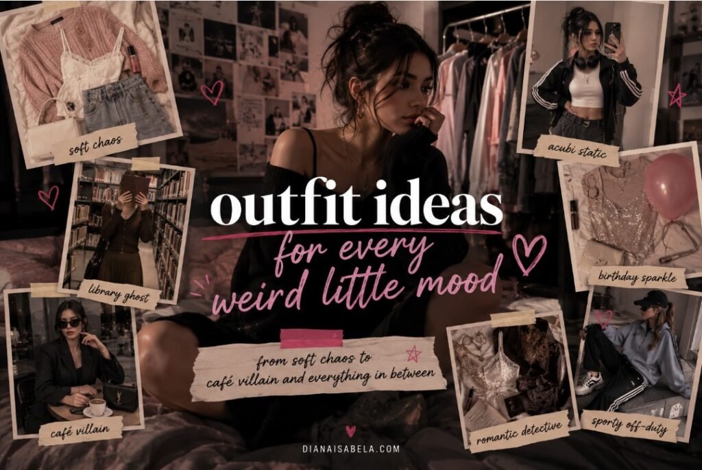 Fashion blog cover with outfit ideas for different moods, including soft chaos, library ghost, café villain, Acubi style, birthday sparkle, and sporty off-duty looks