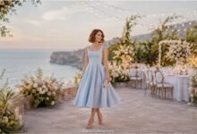 Pastel wedding guest dress styled in soft blue with refined accessories for an elegant seaside garden celebration