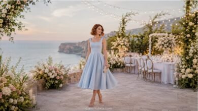 Pastel wedding guest dress styled in soft blue with refined accessories for an elegant seaside garden celebration