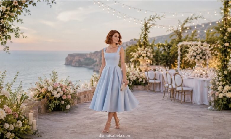 Pastel wedding guest dress styled in soft blue with refined accessories for an elegant seaside garden celebration