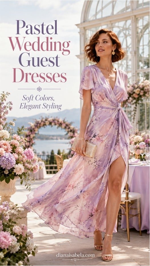 Pastel wedding guest dresses styled in lavender, blush, and soft floral shades for elegant garden celebrations