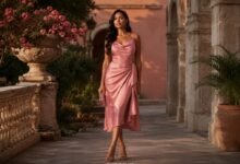 Elegant woman in a dusty rose satin pink wedding guest dress walking through a romantic courtyard