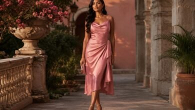 Elegant woman in a dusty rose satin pink wedding guest dress walking through a romantic courtyard