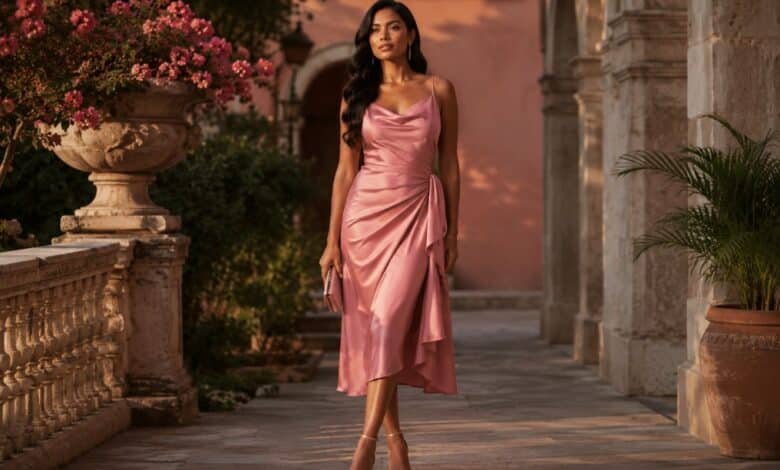 Elegant woman in a dusty rose satin pink wedding guest dress walking through a romantic courtyard