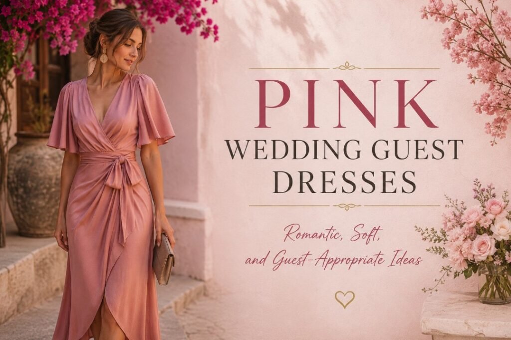 Pink wedding guest dresses editorial banner with a woman in a rose wrap dress