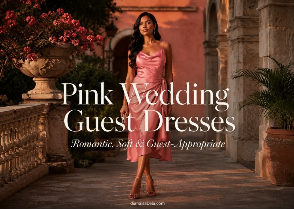 Pink wedding guest dresses cover with an elegant woman in a dusty rose satin dress in a romantic courtyard