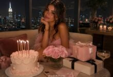Glamorous youth fashion magazine style birthday cover with stylish girl, pink cake, candles, roses, gifts, phone, and city lights