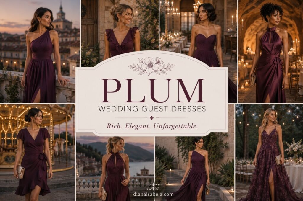 Plum wedding guest dresses styled for rich fall, vineyard, estate, and evening wedding looks