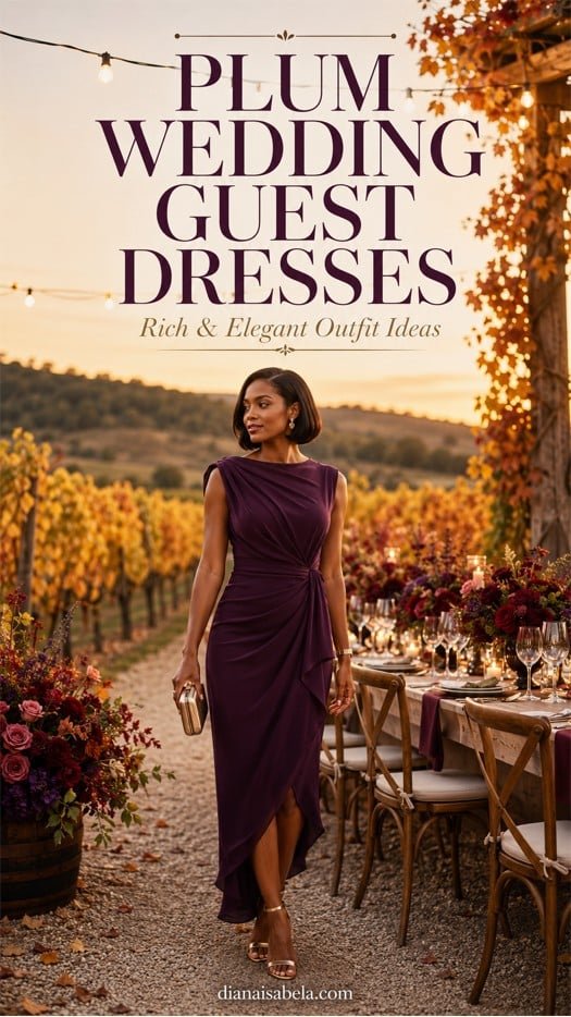 Plum wedding guest dresses styled with rich color for fall, vineyard, and elegant evening wedding looks