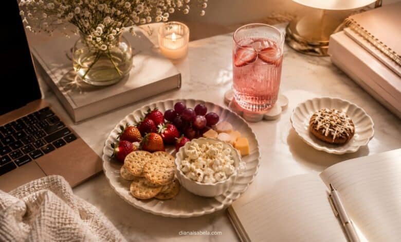 Aesthetic desk with pretty snacks, strawberries, grapes, crackers, cheese, popcorn, pink drink, notebook, laptop, candle, and warm study setup