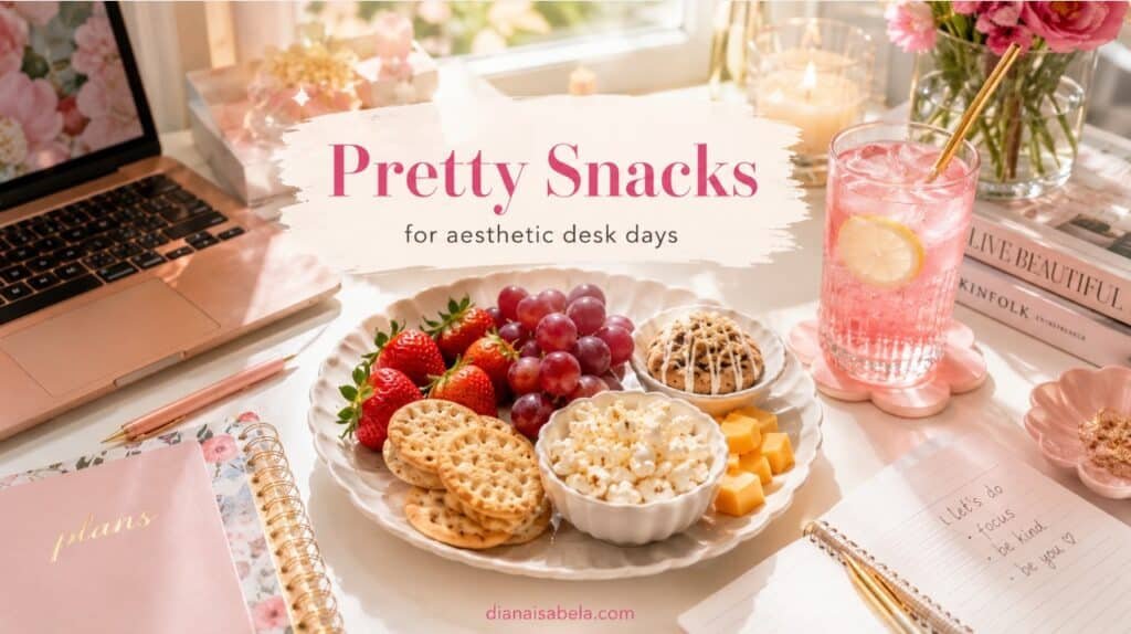 Pretty Snacks for People Who Treat Their Desk Like a Movie Scene 2 Bright banner with pretty snacks, strawberries, grapes, crackers, popcorn, cheese, pink drink, laptop, planner, flowers, and aesthetic desk setup