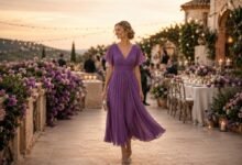 Purple wedding guest dress styled for an elegant garden villa wedding with romantic evening atmosphere