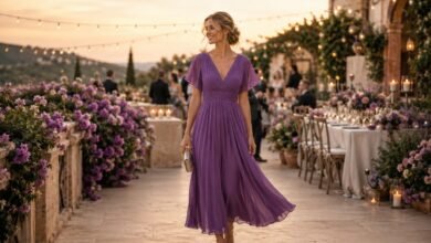 Purple Wedding Guest Dresses: Lavender, Plum, Lilac and Elegant Guest Looks 3 Purple wedding guest dress styled for an elegant garden villa wedding with romantic evening atmosphere