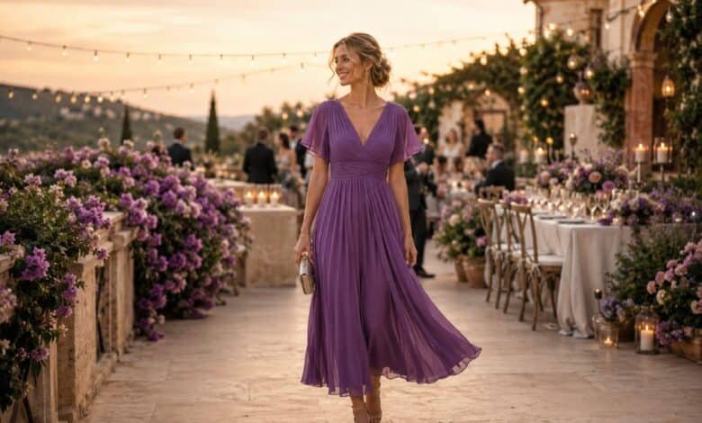 Purple wedding guest dress styled for an elegant garden villa wedding with romantic evening atmosphere