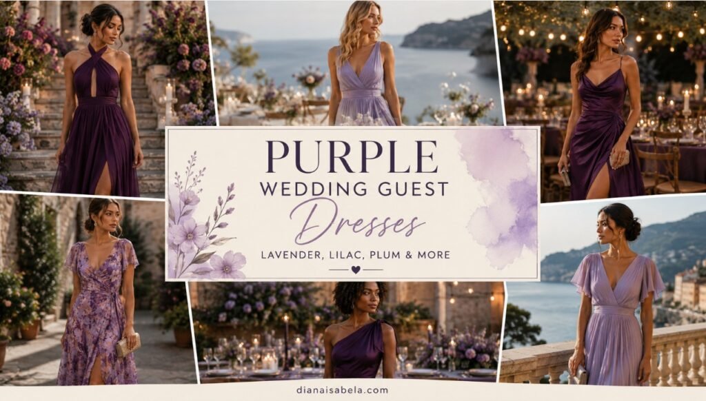 Purple wedding guest dresses styled in lavender, lilac, plum, and floral shades for elegant wedding celebrations