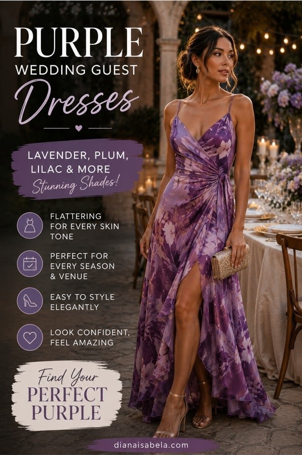 Purple wedding guest dresses styled in lavender, plum, lilac, and floral shades for elegant wedding looks