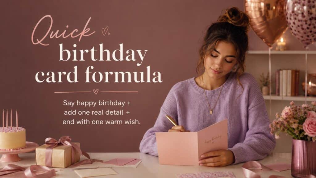 What to Write in a Birthday Card When Your Mind Goes Blank 2 A stylish young woman writing a birthday card with a quick birthday card formula shown on a soft pink background.