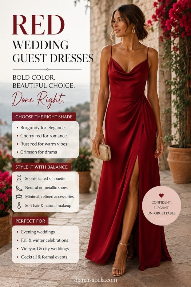 Red wedding guest dress ideas for a bold elegant celebration outfit