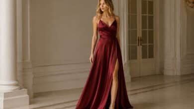Elegant burgundy red wedding guest dress styled for a formal evening celebration