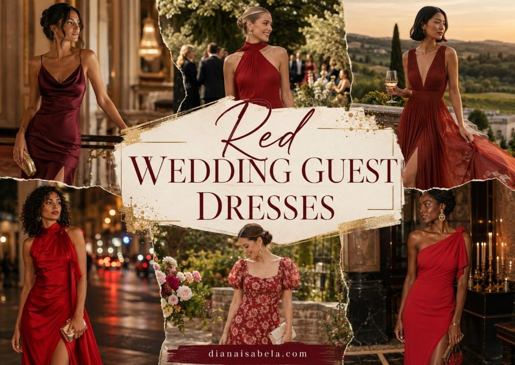 Red wedding guest dresses styled for elegant ceremonies, evening receptions, and romantic celebration outfits