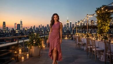 Woman in a rose wrap dress looking at the camera on a rooftop wedding terrace at sunset