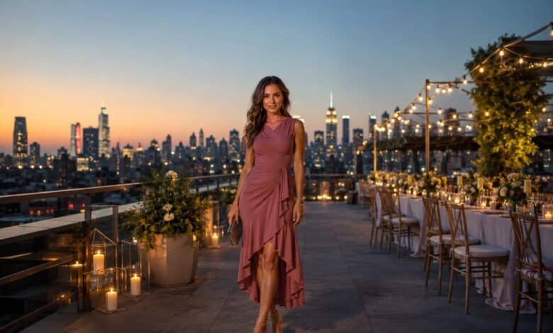 Rooftop wedding guest dress idea with elevated city styling and polished evening details