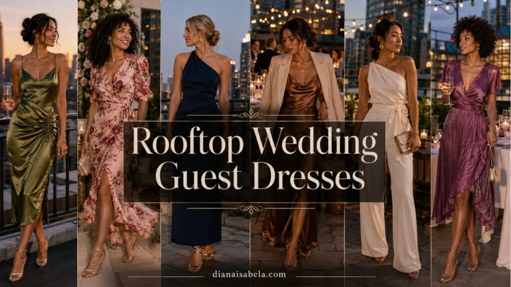 Rooftop Wedding Guest Dresses: What to Wear Above the City 2 Rooftop wedding guest dresses collage with different women wearing elegant skyline wedding outfits