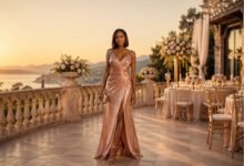 Rose gold wedding guest dress styled with soft metallic glow and elegant sunset celebration details