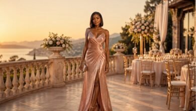 Rose gold wedding guest dress styled with soft metallic glow and elegant sunset celebration details