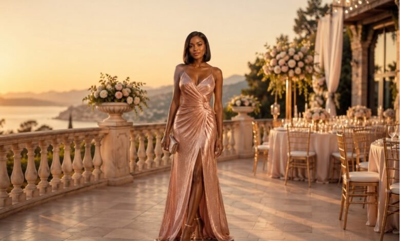Rose gold wedding guest dress styled for a sunset terrace celebration